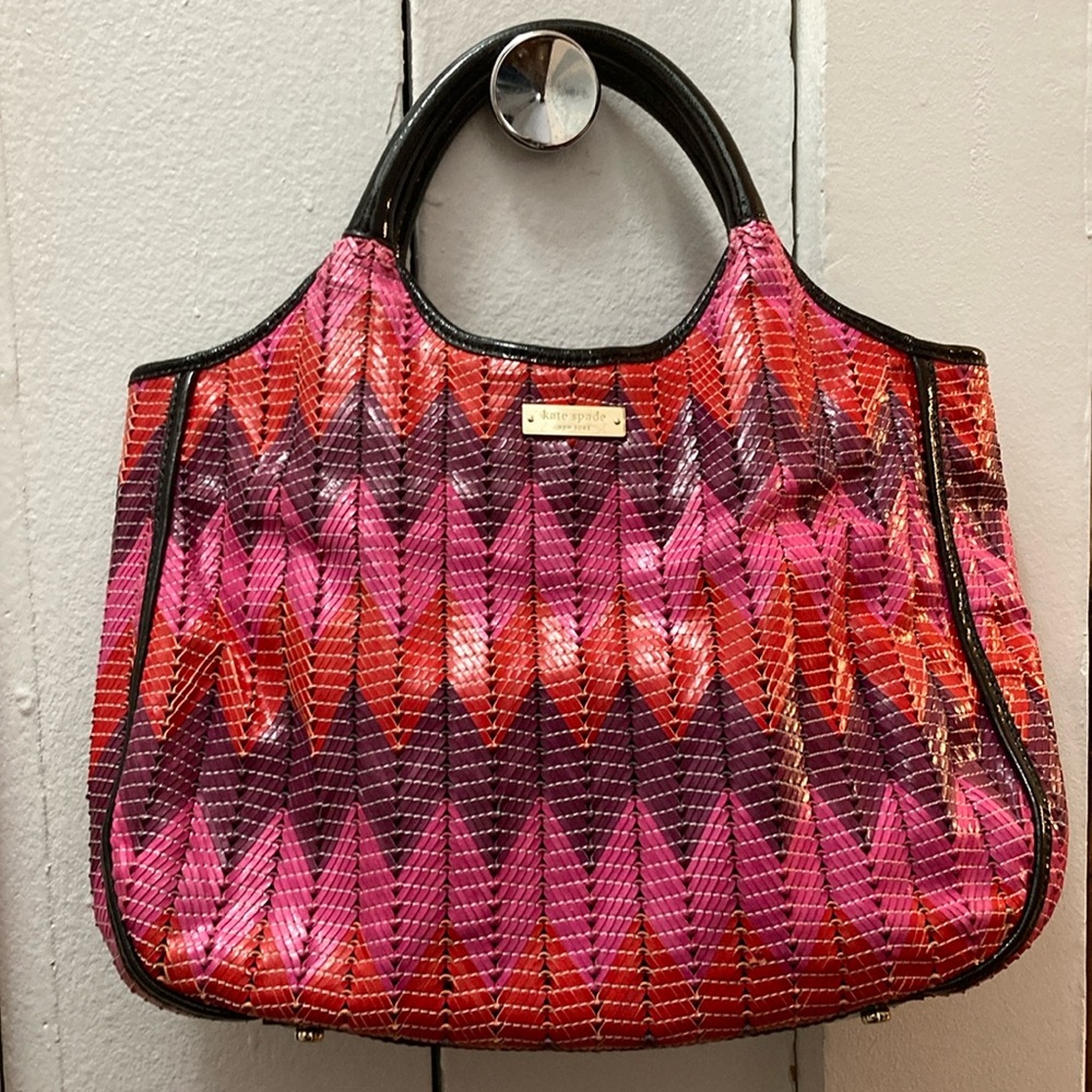 Kate Spade multi colored woven patent chevron satchel